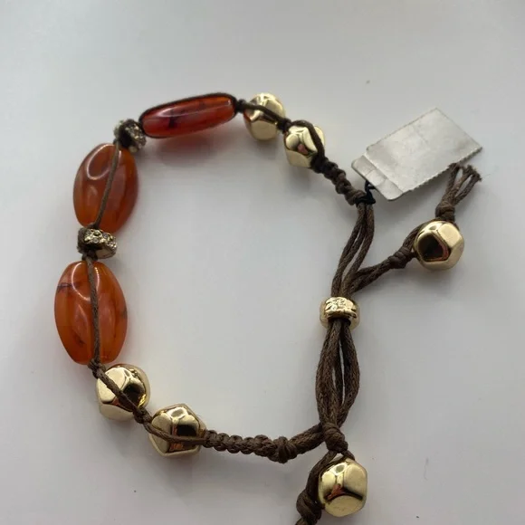 Chico's Amber Colored Brown and Gold Bohemian Macrame Bracelet NWT Adjustable - Picture 4 of 5